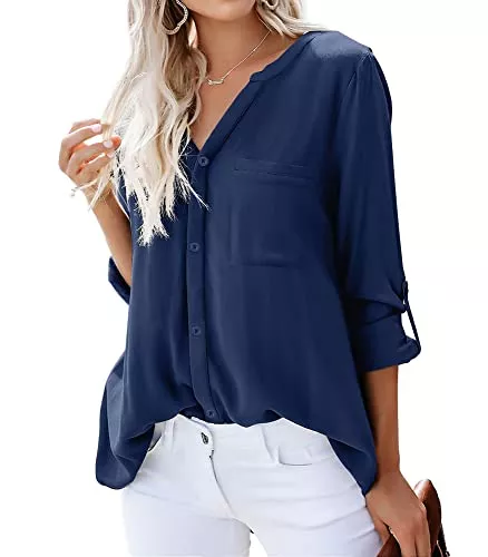 Dordanity Langarmblusen Dordanity Damen Bluse Elegant V-Ausschnitt Hemd Langarm Casual Arbeit Einfarbig Button Down Lose Langarmshirt Oberteile Tops