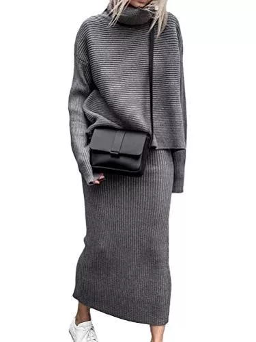 ORANDESIGNE Freizeit ORANDESIGNE Damen Strickkleid Zweiteiliger Anzug Pullover Oberteil und Midi Strickrock Bodycon 2 Stück Set Midikleid Rollkragen Pulloverkleid