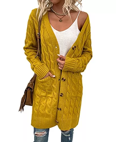 Acramy Strickjacken Acramy Damen Mantel Herbst Winter Strickjacke Lang Grobstrick Cardigan Strickmantel mit Knöpfen