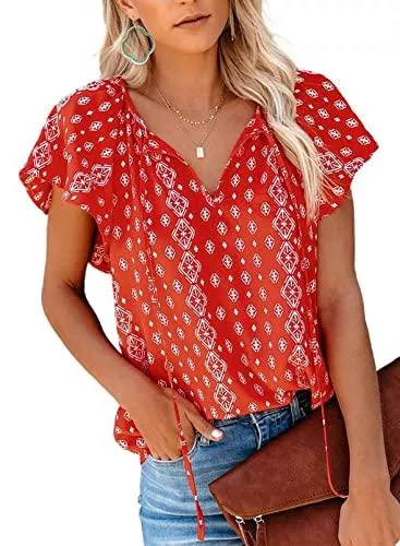  Ärmellose Blusen Uusollecy Damen Bluse Sommer, V-Ausschnitt Chiffon Kurzarm Tops, Casual Lose Oberteile Bluse Für Frauen Teen Girls