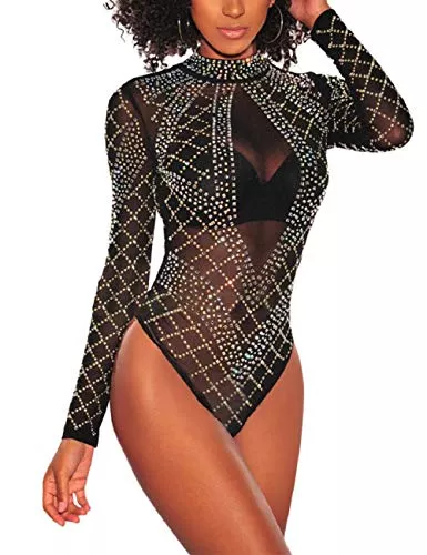 SEBOWEL Langarmblusen SEBOWEL Damen Body Sexy Sheer Mesh Langarm/Kurzarm Bodysuit Bluse Tops