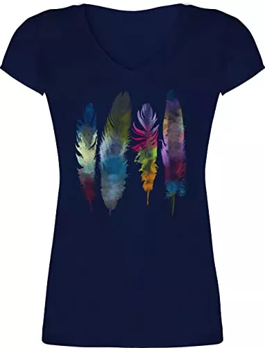 Shirtracer T-Shirts Shirtracer - T-Shirt Damen V Ausschnitt - Kunst Outfit Anker, Blumen & Co. - Federn Wasserfarbe Watercolor Feathers