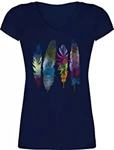 Shirtracer T-Shirts Shirtracer - T-Shirt Damen V Ausschnitt - Kunst Outfit Anker, Blumen & Co. - Federn Wasserfarbe Watercolor Feathers