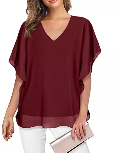 VAFOLY Kurzarmblusen VAFOLY Damen Chiffon Elegant Dressy Bluse Volant Flatterärmel Doppellagiges Hemd V-Ausschnitt Arbeitsoberteile