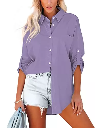 Homlan Langarmblusen Homlan Bluse Damen Baumwolle Langarm Roll Up Elegant Oberteile Lässige Hemden Knöpfleiste Einfarbig Langarmshirt Tunika Hemdbluse Mit Brusttaschen