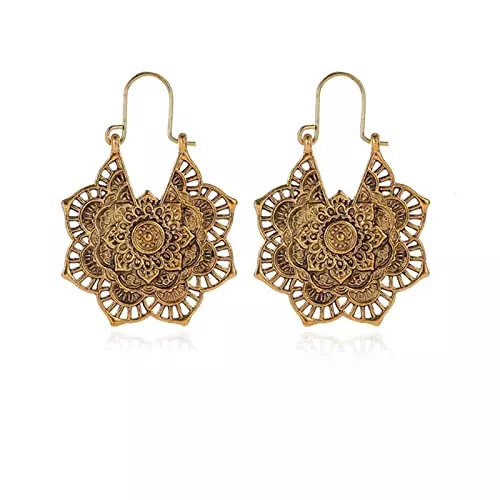 Yheakne Schmuck Yheakne Boho Mandala Blume Ohrringe Gold Tropfen Ohrringe Tribal Ohrringe Vintage Ethnische Creolen Schmuck für Frauen und Mädchen (Gold)