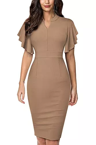 HOMEYEE Business HOMEYEE Damen Elegant V-Ausschnitt mit Rüschen Sleeve Stretch Party Kleid B572