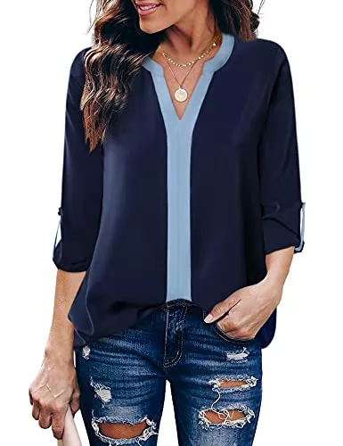 VAFOLY Langarmblusen Damen 3/4 Ärmel Shirts Casual Chiffon Bluse Top mit V-Ausschnitt