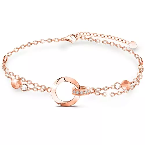 Beutirer Schmuck Beutirer Armband Damen mit Vergoldet 18K, Doppelt Kette armbänder mit Kugeln und 5A Zirkonia, 15 cm+ 4 cm Verstellbares Armbänder Silber Gold Muttertag Schmuck Valentinstag Geschenke für Frauen