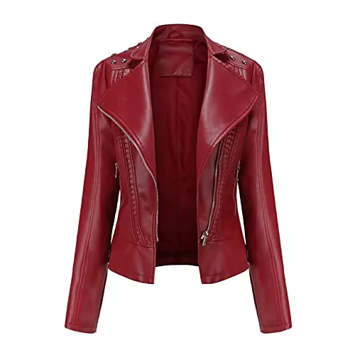 Generic Jacken Damen Lederjacken Kunst-Motorradmantel Kurz Leicht Kunstleder Crop Mantel Mode Reißverschluss Casual Lederjacke Leichte Warme Jacke Damen