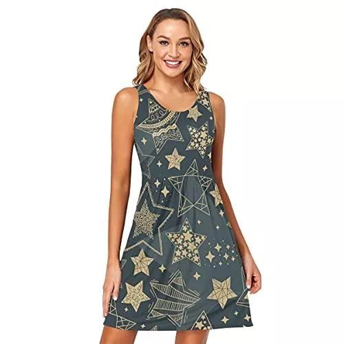 DOMIKING Freizeit Damen Tankkleid Sterne Himmel Sommer Sexy Ärmellos Athletic Kleider S