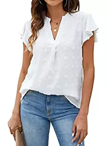 Blooming Jelly Kurzarmblusen Blooming Jelly Damen Weiß T-Shirts Chiffon Bluse V Hals Ruffle Sleeve Sommer Tops