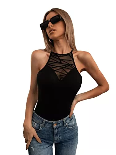 GORGLITTER Tops GORGLITTER Neckholder Top Damen Elegant Mesh Oberteil Schwarz Halter Top Durchsichtiges Oberteil