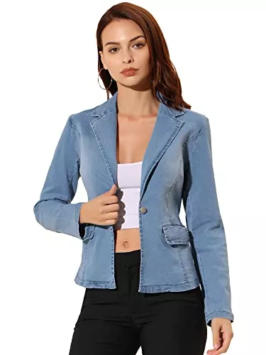 Allegra K Blazer Allegra K Damen-Blazer mit gekerbtem Revers, Knopfleiste, lange Ärmel, gewaschener Denim-Blazer
