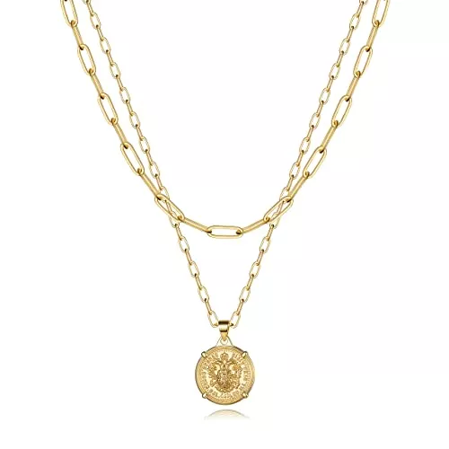 TINGN Schmuck TINGN Mehrreihige Kette Gold Halsketten für Damen Frauen, 14 Karat Vergoldete Handgefertigte Bar Münzscheibe Sonne Medaillon Verstellbare Mehrreihige Choker Halsketten für Damen Schmuck Geschenke