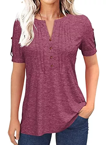 Tankaneo Kurzarmblusen Tankaneo Damen Bluse V-Ausschnitt plissiert Knopf Kurzarm T-Shirt Sommer Feste Farbe lässig Tunika Oberteil Top