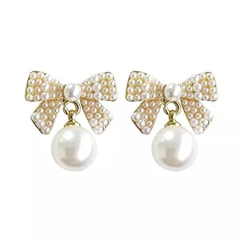 Bleyoum Schmuck Ohrring Süße Klassische Perlenschleife Gold Baumeln Ohrringe Für Frau Koreanischer Modeschmuck 2021 New Goth Party Girl's Ungewöhnliche Süße Ohrringe