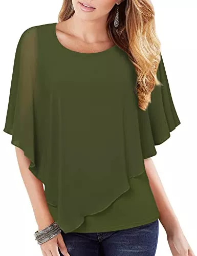 VAFOLY Kurzarmblusen VAFOLY Damen Chiffon Lose Fledermaus Bluse mit Kurzen Flatter ärmel Leichte Fließende Bluse Rundhalsausschnitt Doppellagige Poncho Tuniken