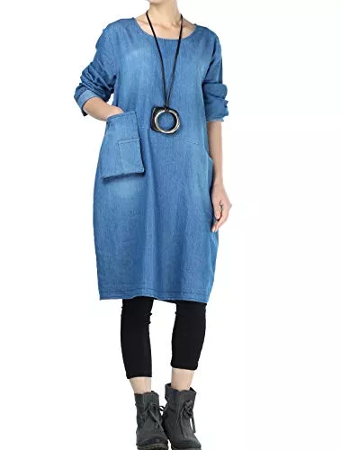 FTCayanz Freizeit FTCayanz Damen Jeanskleider Langarm Casual Shirt Kleid mit Taschen