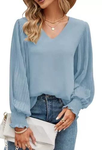 Odosalii Langarmblusen Odosalii Damen Oberteile V Ausschnitt Laternenärmel Chiffon Bluse Lässige Elegant Lose Einfarbig Shirt Tunika Tops