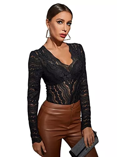 SheIn Langarmblusen SheIn Damen Durchsichtig Spitzen Oberteil Langarm T-Shirt Spitzentops Schmal Party Club Shirts mit V-Ausschnitt