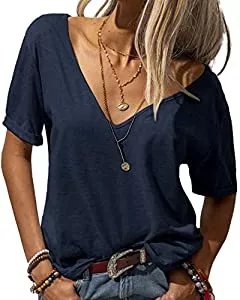 Tankaneo T-Shirts Tankaneo Damen Mode tiefer V-Ausschnitt Kurzarm Tops Solide Lässiges Lose Basic Sommer T Shirt
