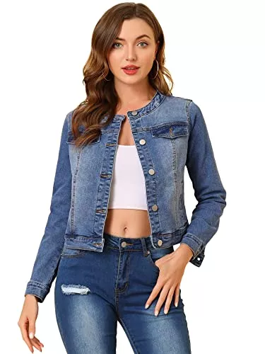 Allegra K Jacken Allegra K Damen Denim Jacke Button Down Kragenlose Langarm Jeans Jacken