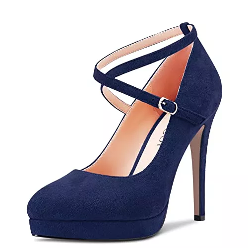 Aachcol High Heels Aachcol Damen Pumps Plateau Plattform Runde Zehenkappe Knöchelriemen Stiletto Hoher High Absatz Heel Dress Schuhe Sandalen Hochzeit Wildleder 12 cm