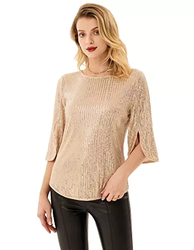 GRACE KARIN Langarmblusen GRACE KARIN Damen Pailletten Bluse 3/4 Ärmel mit Schlitz Rundhals Tops Elegant Party Glitzernde Oberteile