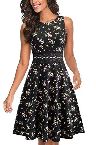 HOMEYEE Cocktail HOMEYEE Damen Vintage Rundhalsausschnitt ärmellosen Blumen Bestickt knielangen Cocktailkleid UKA079