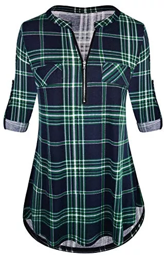 Odosalii Langarmblusen Odosalii Damen V-Ausschnitt Kariert Bluse 3/4 Ärmel Kurzarm Reißverschluss Tunika Tops Longshirt Hemd T-Shirt