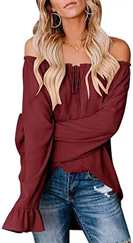 Maavoki Langarmblusen Maavoki Damen Schulterfreier Chiffon Bluse Sommer Casual Off Shoulder Langarmshirt Elegante Einfarbiges Tops mit Rüschen Ärmel