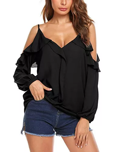 Parabler Langarmblusen Parabler Damen Chiffon Bluse Schulterfrei V-Ausschnitt Langarmshirts Carmenbluse Cut Out Shirt Loose Fit Oberteile