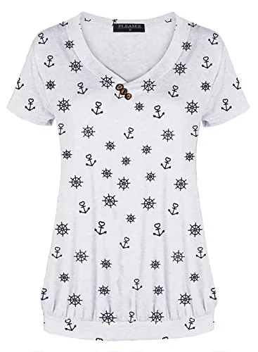 FLEASEE T-Shirts FLEASEE Damen T-Shirt Lässig Kurzarm Basic Tee V-Ausschnitt Shirts Stretch Falten Tunika mit Knöpfen Allover Minimal Druck Sommer Oberteile Tops