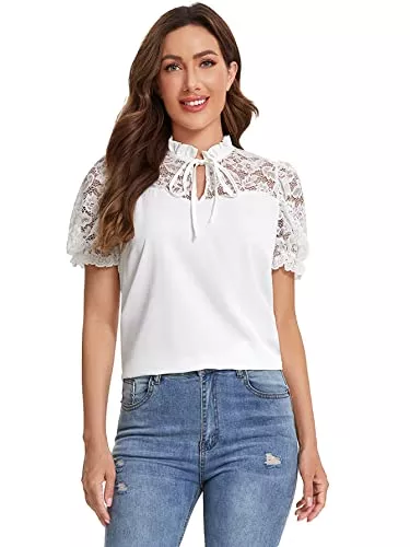 DIDK Kurzarmblusen DIDK Damen Spitzen Bluse Dirndlbluse Oberteil Elegant Sommer Tunika Kurzarm Spitzentops Trachtenbluse für Oktoberfest