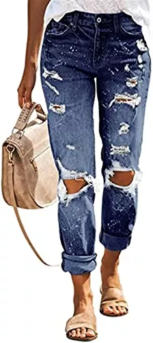 QLWYGLL Jeans QLWYGLL Damen-Jeans mit Knöpfen, hohe Leibhöhe, schmale, zerrissene Jeans für Damen, Stretch-Denim-Jeans in Distressed-Optik