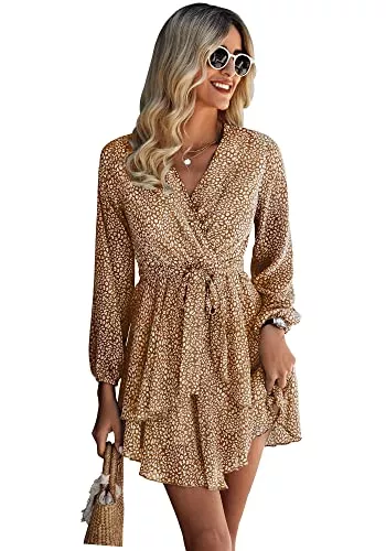 Ajpguot Freizeit Ajpguot Damen Tiefer V-Ausschnitt Lange Ärmel Sommerkleid mit Gürtel Blumenmuster Rüschen Strandkleid Hohe Taille Kurz Swing Skater Chiffon Kleid Casual Minikleid