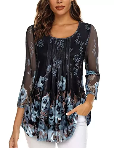 Gaharu Langarmblusen Gaharu Damen Falten Tunika 3/4 Arm Elegante Bluse Lässig Mesh Doppellagiges Shirt