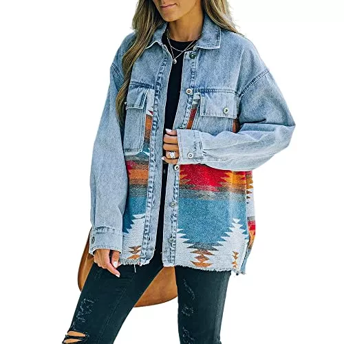 MIVY Jacken Jeansjacke, Damen Jeansjacke Vintage Distressed Orange Spleißwolle Langarm Button Up Boyfriend Jeansjacke Ethno Muster Denim Mantel Herbst Übergang Lässige Oberbekleidung