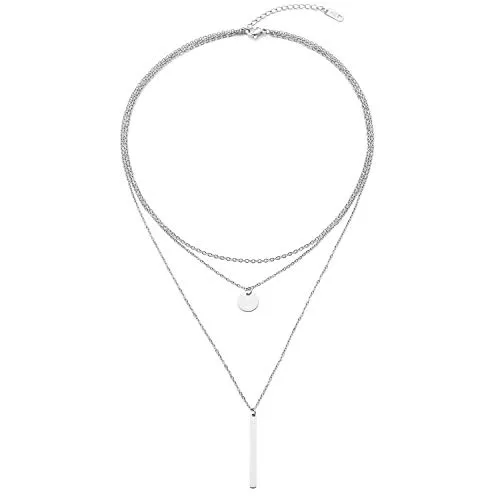 LEGITTA Schmuck LEGITTA Damen Layered Kette mit Runder Plättchen und Stab Anhänger Zarte Mehrreihige Halskette aus Titan Nickelfrei