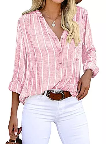 Cindeyar Langarmblusen Cindeyar Bluse Damen Langarm Streifen Oberteile Casual Langarmshirt Tops Lose Baumwolle Tunika Hemd