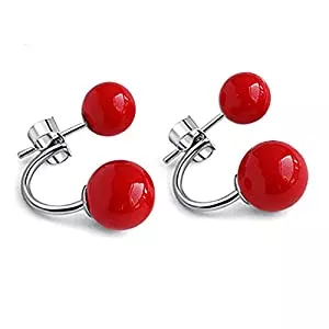 YAXUN Schmuck YAXUN Damen Rote Ohrringe 925 Sterling Silber Ohrstecker Halbrund Doppel Rot Natürliche Korallen Perlen Ohrringe Modeschmuck Für Frauen Mädchen