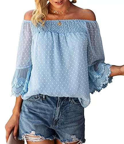 Bequemer Laden Kurzarmblusen Damen Sommer Off Shoulder Oberteile 3/4 Ausgestellte Ärmel Polka Dot Casual Tuniken Bluse T-Shirt
