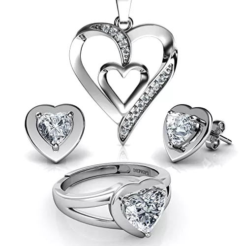 DEPHINI Schmuck DEPHINI - Schmuckset - Herzkette Ohrringe & Ring - 925 Sterling Silber - Cubic Zirkonia- Damen Schmuck