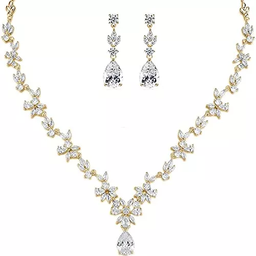 MASOP Schmuck MASOP Silber Braut Schmuckset, Damen Hochzeit Schmuck Set, Blumen Ohrringe und Halskette mit Anhänger Set, Weiß Tropfen Zirkonia CZ Bling Ohrhänger Ohrringe, Hochzeit Party Geschenk für Frau