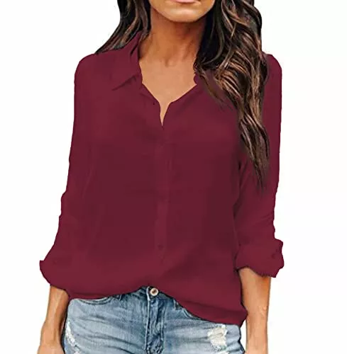 Yageshark Ärmellose Blusen Yageshark Bluse Damen V-Ausschnitt Langarm Elegant Lässige Einfarbig Hemd Casual Büroblusen Lose Langarmshirt Arbeit Oberteile Blusen mit Knöpfen
