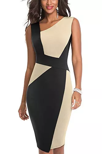 HOMEYEE Business HOMEYEE Damen Vintage Ärmelloses Business Kleid aus Stretch mit Kontrastfarbe B517