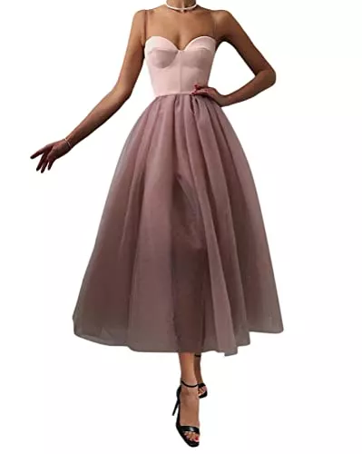 Onsoyours Cocktail Onsoyours Damen Vintage Cocktailkleid aus Tüll Spaghetti Strap Einfarbig A Linie Kleid Abendkleid Elegant Partykleid Midi Ballkleid