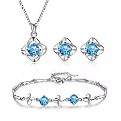 Zolkamery Schmuck Zolkamery Schmuckset Damen Silber 925, Klee Halskette &amp; Ohrringe Ohrstecker &amp; Armband Set, Klee Schmuckset mit Weiß/Blau Zirkonia, 45cm Silberkette mit Clover Anhänger, Schmuckset mit Geschenkbox