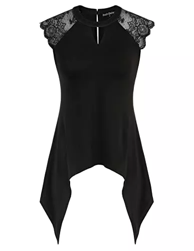 SCARLET DARKNESS Ärmellose Blusen SCARLET DARKNESS Damen Gothic Tops Lace Patchwork High-Low Spitzer Saum Ärmellose Retro Oberteil